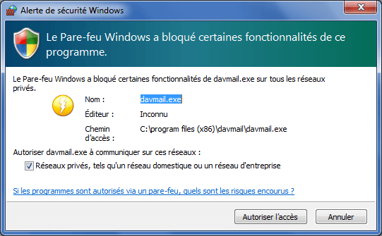 Autorisation d'accès pour DavMail