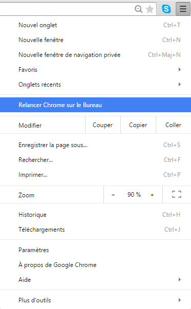 Menu de Google Chrome sous Windows 8